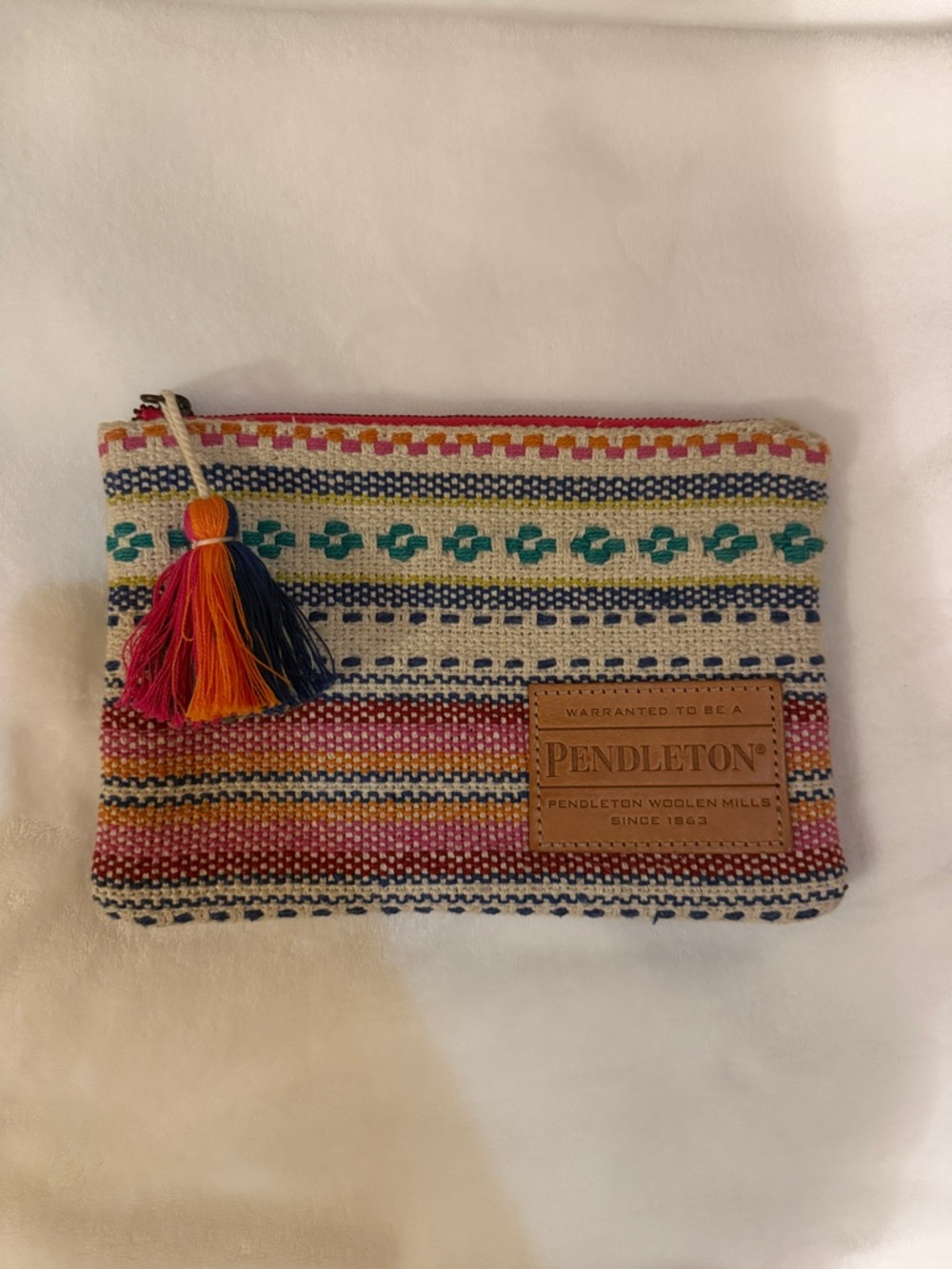 Pendleton Cream Woven Tassel Zip Pouch with Multicolor Stripes